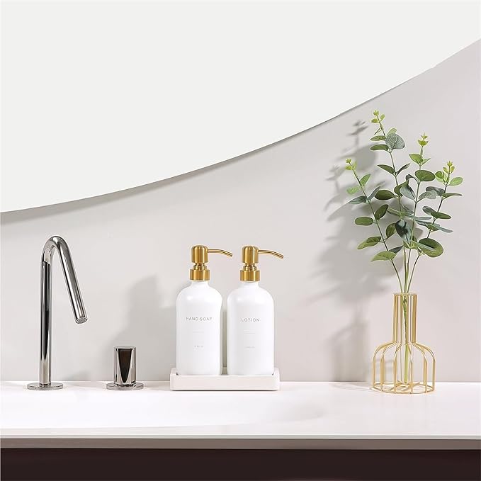 Liquid Dispenser Soap Dispenser Set Glass with Stainless Steel Pump Countertop Soap Bottle(Gold Pump+White Bottle)