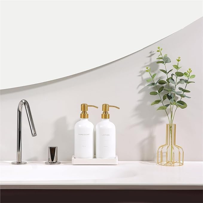 Lotion Dispenser Soap Dispenser Set Glass Multi-Scene soap Bottle(Gold Pump+White Bottle)