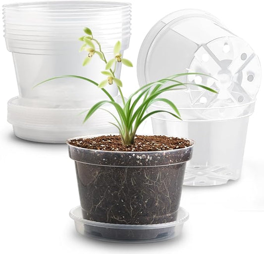 RooTrimmer 12 Pack 8 Inch Clear Plant Pots with Saucers, Transparent Plastic Nursery Pots with Drainage Hole, Sturdy Garden Planter Pots, Planting Starter Pots for Indoor Outdoor