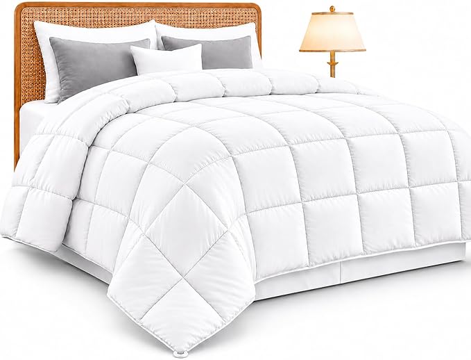 King Down Alternative Comforter - Quilted Lightweight Duvet Insert, LUX Décor 102x90 All Season Bed Comforter with Corner Tabs, Machine Washable, Ultra-Soft Hypoallergenic Microfiber - White