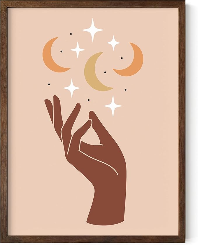 Mystical Hand Wall Art Celestial Moon and Stars Print Earth Tones Terracotta Mid Century Modern 12x16 Inch Oak Wood Walnut Framed Spiritual Decor for Bedroom