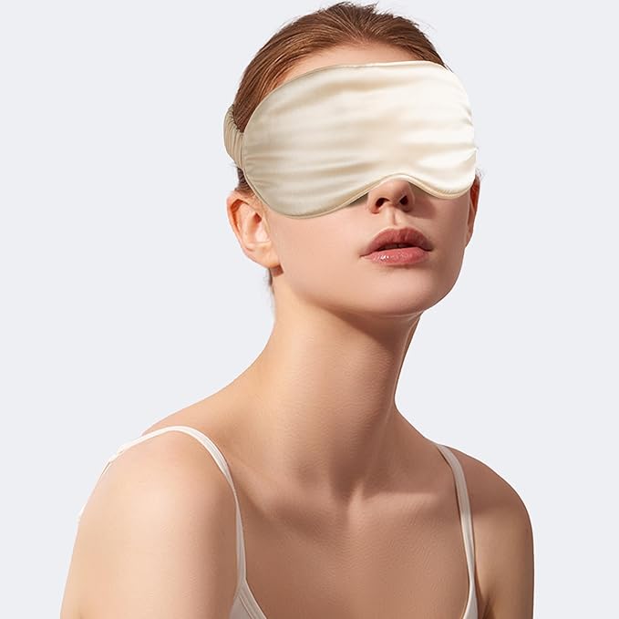 100% 22 Momme 6A Grade Double-Sided Pure Mulberry Silk Eye Mask Soft Breathable Sleep Blindfold with Elastic Headband for Men and Women Pack of 1 (Champagne)