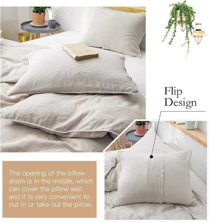 Simple&Opulence 100% Washed Linen Duvet Cover with Pom Pom Trim, Natural French Flax Bedding Set Soft Breathable,1 Farmhouse Boho Comforter Cover and 2 Pillow Shams(King,Natural Linen)