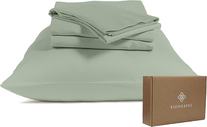 BIOWEAVES 100% Organic Cotton Sheets, 300 Thread Count 4-Piece GOTS Certified Bed Sheet Set Fits Mattress Upto 17" Deep Pocket, Soft & Silky Sateen Weave (Queen, Basil)