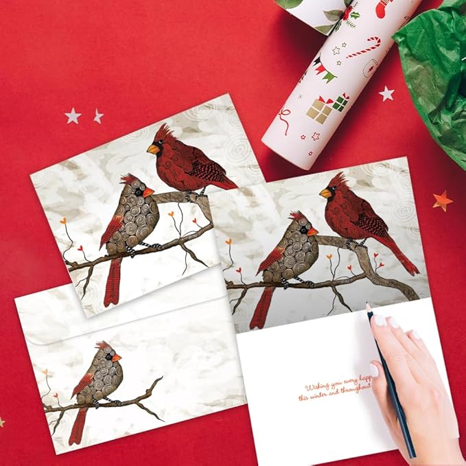 Tree-Free Greetings Cardinals Flitting Holiday Cards - 10 Recycled 5x7 Cards & Matching Envelopes, Thick Cardstock, Sustainably Made in USA - Vibrantly Artful Birds