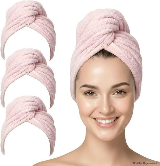 3 Pack Pink Microfiber Hair Towel Wrap with Bear Button, Super Absorbent Quick Dry Hair Turban for Women,Soft Hair Drying Cap for Long Thick Curly Hair, Shower Bath Travel Hair Wrap