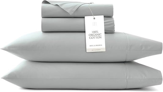 BOLL & BRANCH Percale Hemmed Sheet Set - Cooling Breathable Bed Sheets for Hot Sleepers - Queen, Shore - Luxury 100% Organic Cotton - 1 Flat, 1 Fitted, 2 Pillowcases