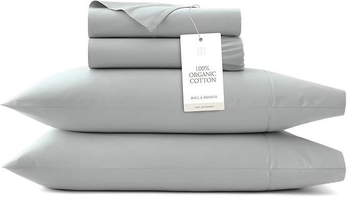 BOLL & BRANCH Percale Hemmed Sheet Set - Cooling Breathable Bed Sheets for Hot Sleepers - Twin XL, Shore - Luxury 100% Organic Cotton - 1 Flat, 1 Fitted, 1 Pillowcases