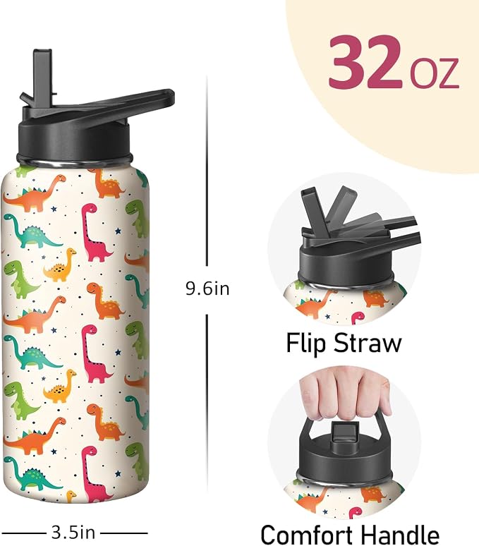 32oz Cute Dinosaur Water Bottle with Handle and Flip Straw, Animal Sports Stainless Steel Insulated Cup Travel Coffee Mug Tumbler, Birthday Mothers Day Chritmas Gifts for Women