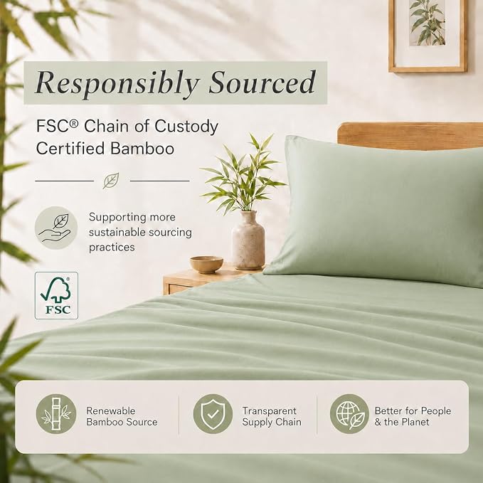 TOSMO Luxury Cooling Pillowcase Set of 2 | FSC® Certified | Viscose from Organically Grown Bamboo | Breathable Silky Soft Pillowcases with Envelope Closure [Standard, Tea Green]
