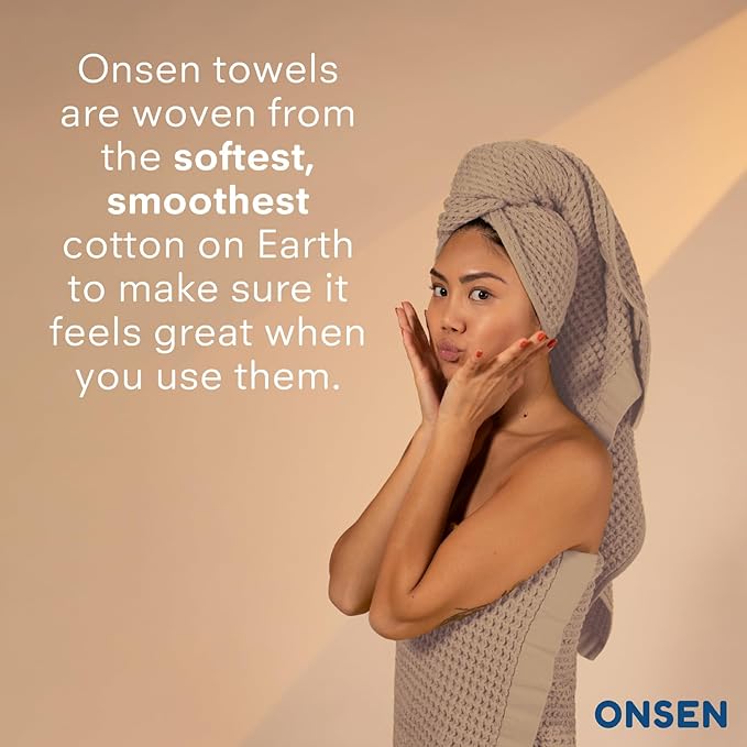 ONSEN Supima® Waffle Bath Sheet Set, Quick Dry Lint Free 100% USA Cotton, Large Bath Sheet Hand and Face Towel Bundle, 3 Piece (Oatmeal, Bath Sheet Set)