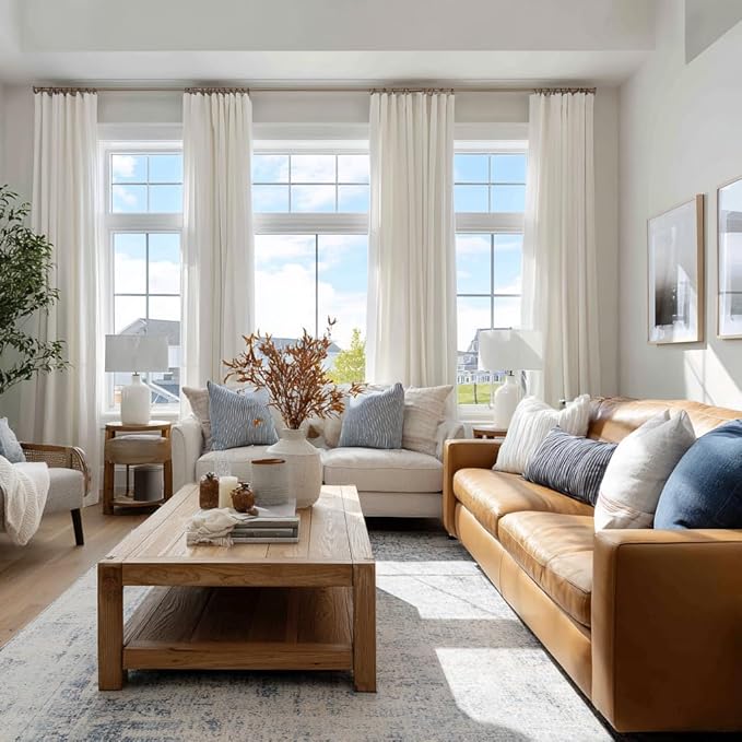 NICETOWN Cream Curtains 84 inch Long 2 Panels Set, 55" Wide Thick Organic Flax Belgian Linen Blend Privacy Window Drapes Rod Pocket & Back Tab with Light Filtering for Bedroom/Living Room