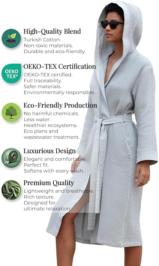 SEYANTE Women's Organic Cotton Waffle Kimono, Hooded Robe – GOTS Certified Lightweight Full-Length Spa Bathrobe with Piping
