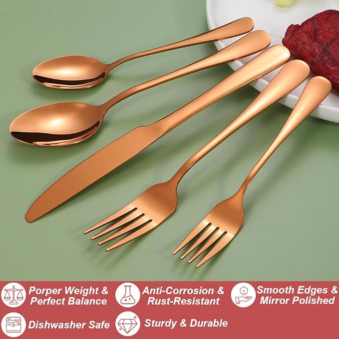 30 Pcs Rose Gold Silverware Set for 6, Food Grade Stainless Steel Flatware Set, Eating Utensils Sets Include Fork/Knife/Spoon, Reusable Cutlery Set for Home Kitchen, Dishwasher Safe, Round Edge