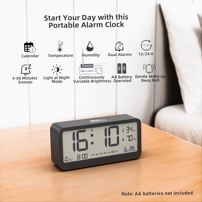 Digital Alarm Clock Battery Powered with Date | Indoor Temperature | Humidity | LCD Display | Dual Alarms | Snooze and Backlight Desk Small Clock (Black)