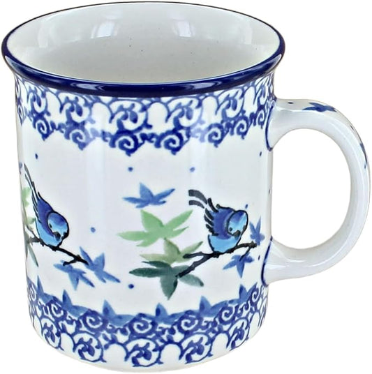 Blue Rose Polish Pottery - Blue Mockingbird Small Coffee Mug - 9 oz - Petite Mug for Tea & Coffee Drinkers