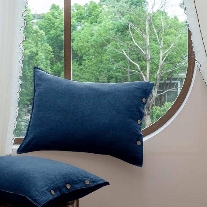 EVERLY 100% Linen Pillowcases Set of 2, French Linen from Normandy, 20X30Inch Queen Size, Natural Color, Coconut Buttons Closure, Flax Pillowshams-Pillowcase-Navy Blue