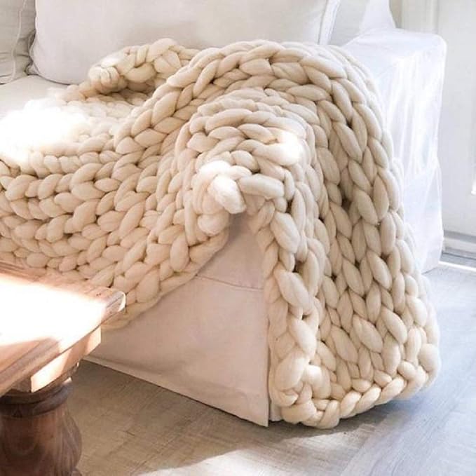 Chunky Knit Blanket Hand Made Merino Wool Throw Boho Bedroom Sofa Home Decor Giant Yarn(Ivory White 40"x40")