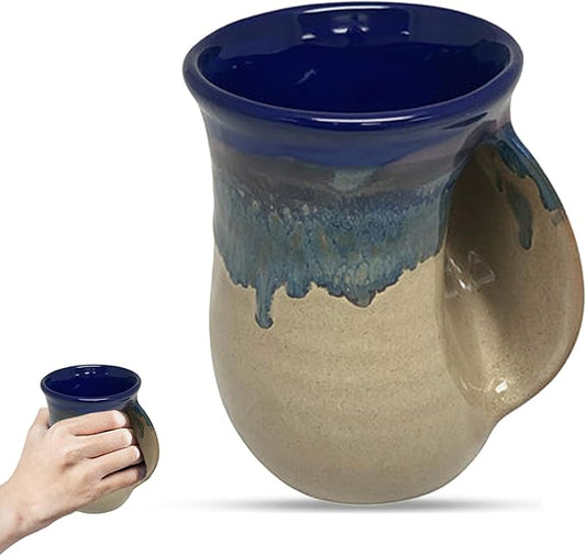 Clay in Motion Hand Warmer Coffee Mug – Handmade Coffee Mug With Comfortable Handle Contoured Pocket Hand Warming Ceramic Coffee Mug – Proudly Made in USA – Right Handed – 14 Oz - Cobalt Canyon