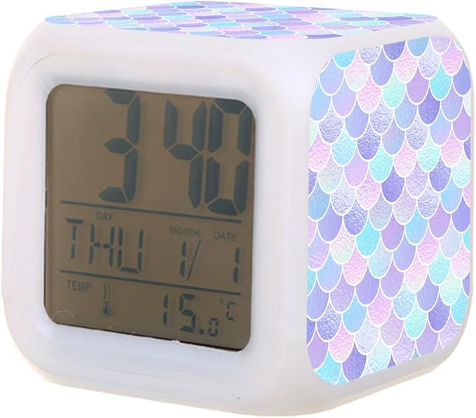 Digital Alarm Clock,Mermaid Tail Pattern 7 Color Change LED Digital Alarm Clock with Date Thermometer for Toddlers,Girls and Boys