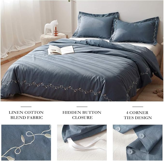BISELINA French Linen Duvet Cover Set 3pcs Embroidered Willow Leaf 55% Flax 45% Cotton Blend Soft Breathable Luxury Bedding (King, Embroidery Navy Blue)