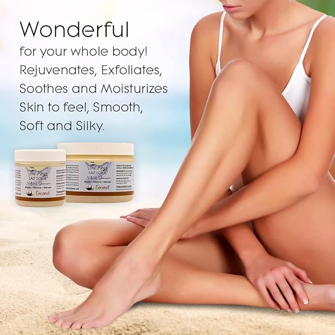 The Keys Salt Scrub -Sea Salt Scrub - Exfoliating Body Scrub with Wooden Spoon - Moisturizing Exfoliator for Hands, Foot, Bath, (3.4 Ounce (Pack of 1), Coconut)