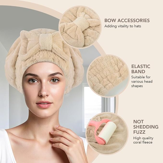 SUNLAND Large Microfiber Hair Drying Caps with Bow Knot Fast Drying Shower Cap Soft and Absorbent hairWrap Hair Turban Bath Caps for Curly Thick and Wet Hair