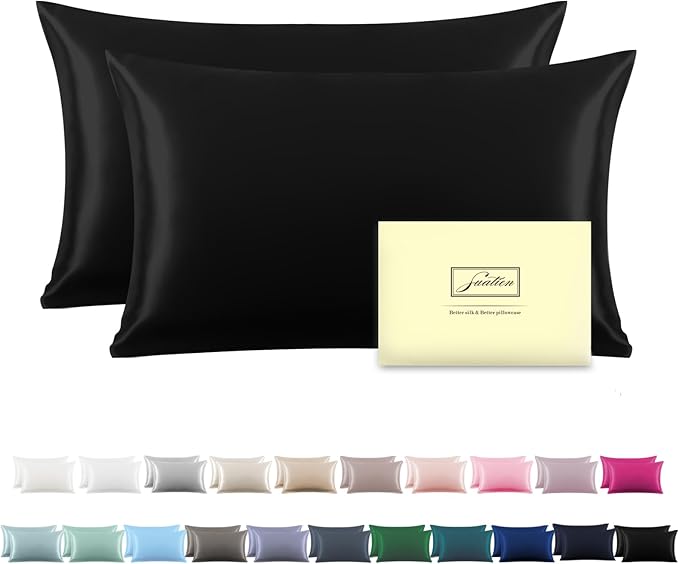 Silk Pillow Cases 2 Pack Soft Breathable and Sliky King Size Pillow Cases Set of 2,Natural Mulberry Silk Pillowcase Set of 2 for Hair and Skin with Hidden Zipper (Black,20"X 36",2pcs)