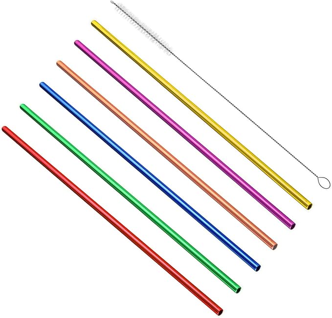 6Pcs Reusable Metal Straws, Drinking Straws, Aluminum Straws, Smoothies Straws, Wide Straws, Rainbow Colorful Straws for Party, Included a Cleaning Brush
