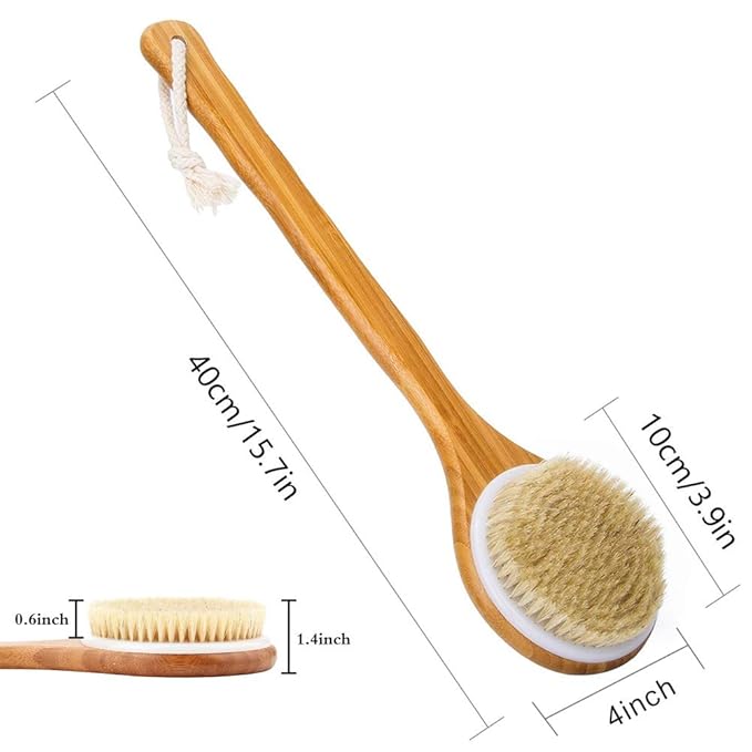 Shower Brush with Natural Bristle - Long Bamboo Handle Bath Body Brush for Wet or Dry Brushing - Improves Blood Circulation, Exfoliating Skin