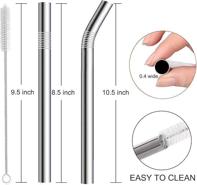 Vinaco Stainless Steel Smoothie Straws, 0.4'' Extra Wide Reusable Metal Drinking Straws for Milkshake, Smoothie, Beverage, Set of 4 with 1 Cleaning Brush