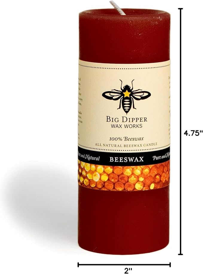 Big Dipper Wax Works Red Pillar Candle, 40-Hour Long Burn, Pure Beeswax Candle, 2" x 4.75”