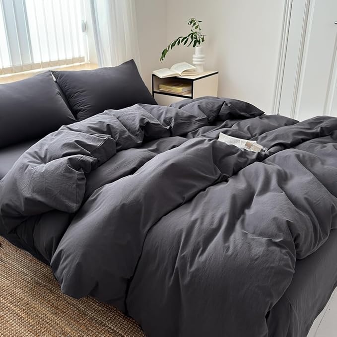 FACE TWO FACE Bedding Duvet Cover Set100% Washed Cotton Duvet Cover Linen Like Textured Breathable Durable Soft Comfy (Full, Volcanic Black)