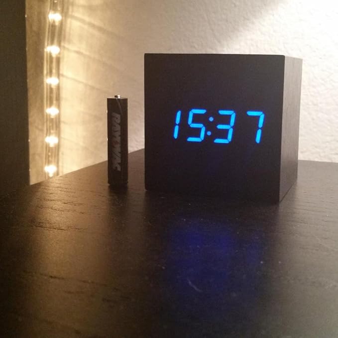 Onerbuy Wooden Digital Cube Alarm Clock Touch Sound Activated Desk Clock Portable Travel Clock with LCD Display for Time, Temperature, Calendar, 3 Alarm Settings (Black)