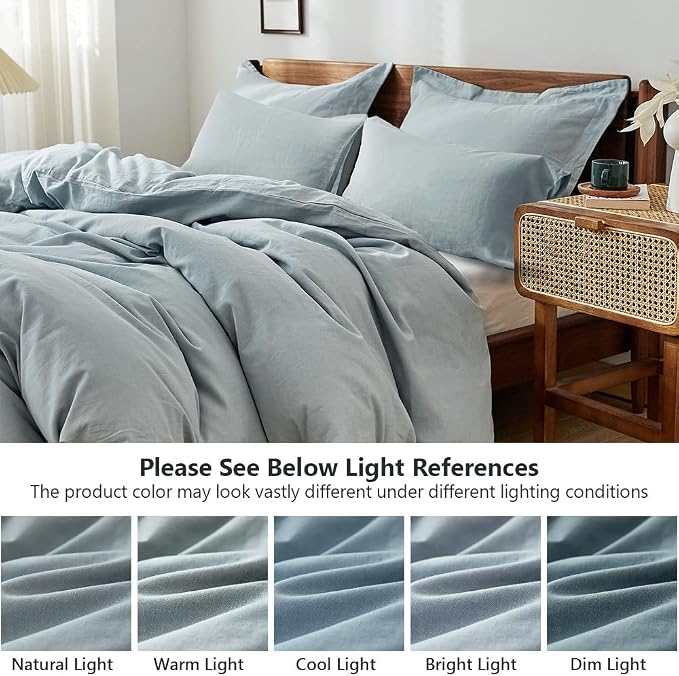 Simple&Opulence 100% Washed Linen Duvet Cover Set 5pcs(1 Duvet Cover& 2 Shams& 2 Pillowcases) Basic Style Natural French Flax Soft Breathable Farmhouse Bedding (Queen, Dusty Blue)
