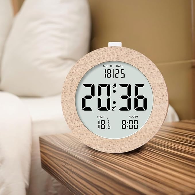 Wooden Digital Alarm Clock for Bedrooms,Wood 4In Battery Powered Alarm Clock with Snooze and Nightlight,LCD Desk Clock,A