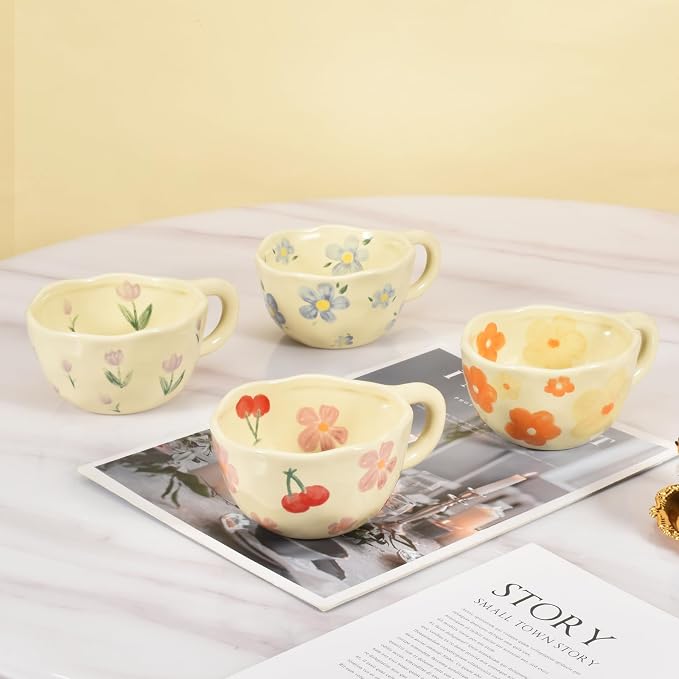 Koythin 4-Piece Ceramic Coffee Mugs, Creative Flower Mug for Office and Home, 8.5 oz/250 ml for Latte Tea Milk (Blue Flower, Orange Flower, Pink Cherry, Purple Tulip)