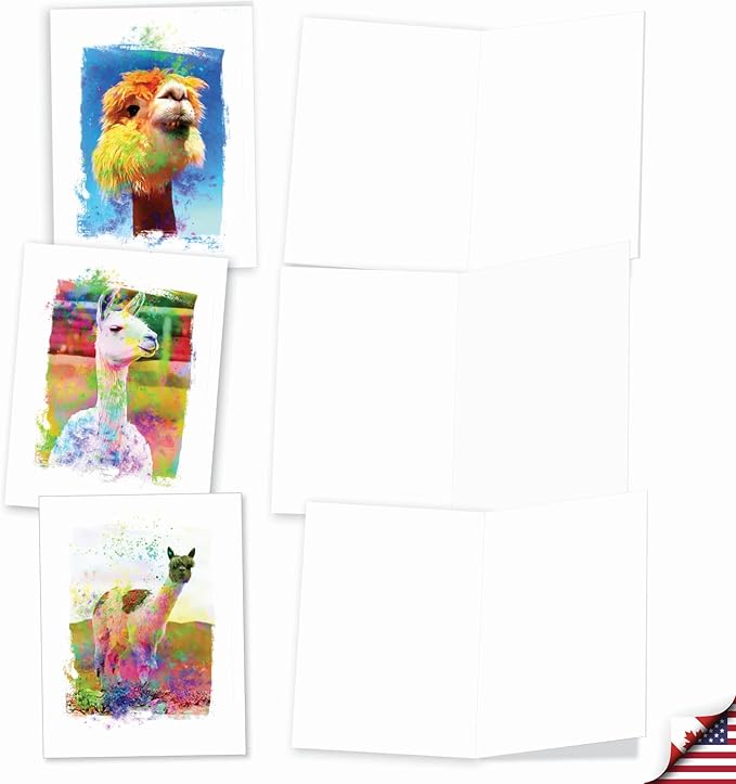 The Best Card Company Assorted Animal Watercolor Blank Greeting Card Box Set - Incl. 10 Unique Notecards Designs + Envelopes for Thank You, Invitations - Funky Rainbow Llamas AM6862OCB-B1x10