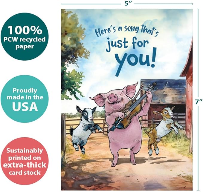 Tree-Free Greetings Barnyard Chords Birthday Card - 1 Recycled 5x7 Card & Matching Envelope, Thick Cardstock, Made in USA - Silly Musical Animals