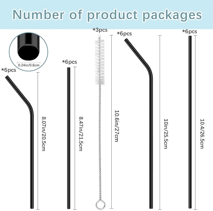 27 Pack metal straws reusable,12 Pcs Straight +12 Pcs Bent 3 Pcs Cleaning Brushes Included,stainless steel straws for 20oz and 30oz Tumblers Dishwasher Safe
