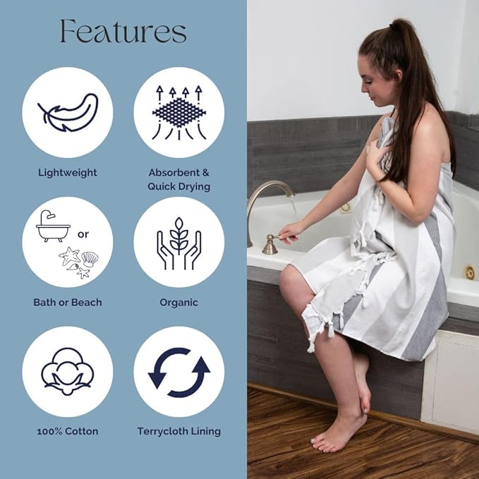 InfuseZen Terry Cloth Lined Turkish Bath & Beach Towel – Striped Design - 100% Organic Turkish Cotton - Soft, Lightweight, Absorbent Peshtemal - Quick Dry for Beach, Bath, Throw, Travel - Gray