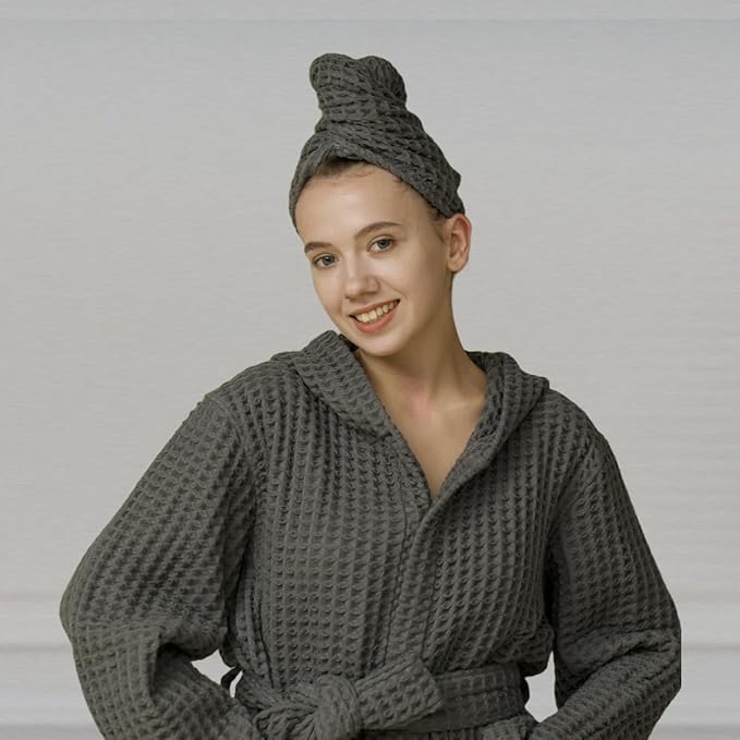Luxury Organic Japanese Cotton Hair Drying Waffle Towel Wrap for Women | Absorbent, Quick-Dry Head Turban for Shower, Sauna, Spa | Extra Large for Long, Curly, Straight Hair With Button (Grey, 2 Pc)