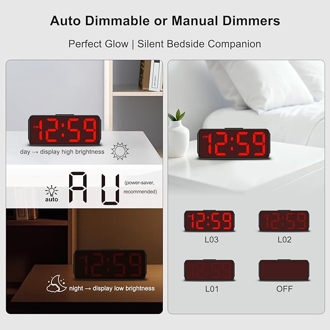 Peakeep Small Mini Battery Powered Digital Alarm Clocks for Bedrooms Bedside, Cordless Tiny Travel Portable Desk Clock, Large Numbers Auto Dimmable, LED Display 4 Dimmers, 5 Alarm Volumes
