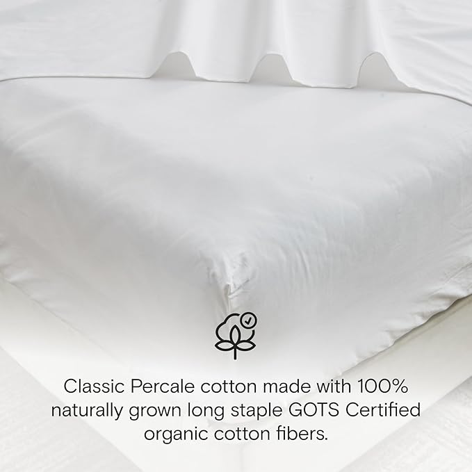 DOZ 100% GOTS Certified Organic Cotton Sheet Set, Crisp Percale Weave, Long Staple, Breathable, Matte Finish, Hotel Style, Durable, 1 Flat Sheet Only (Snow, King/Cal King)