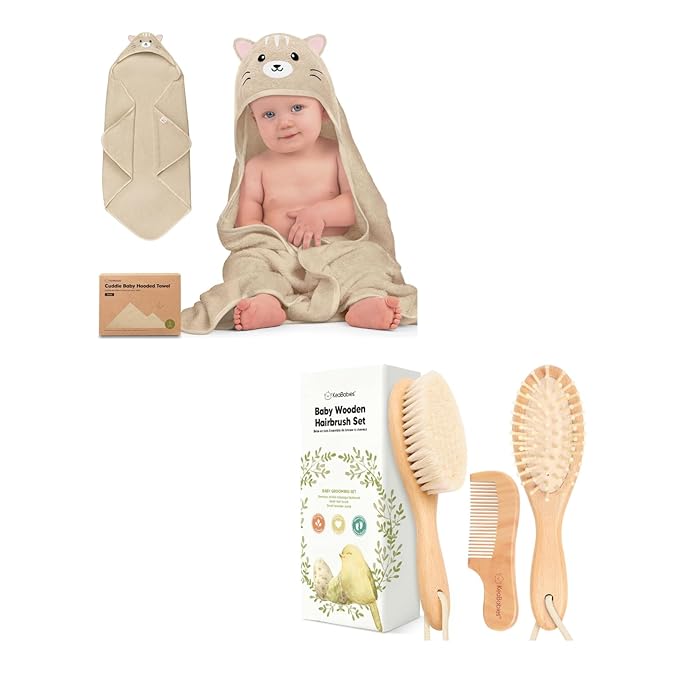 KeaBabies Baby Hooded Towel and Baby Hair Brush and Comb Set - Soft Bath Towels with Hood for Toddlers - Wooden Brush with Soft Goat Bristle for Girls, Boys, Toddlers