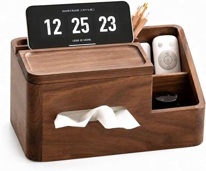 YESWOOD Walnut Tissue Box Cover - Multifunctional Tissue Box Holder with Storage Tray, Minimalist Rectangle Tissue Box Cover for Living Room, Bedroom, Bathroom, Office.