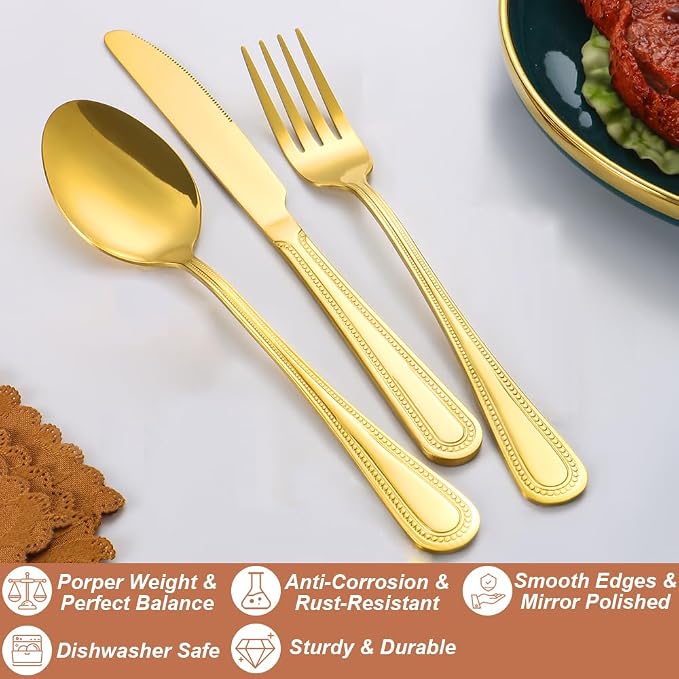 40 Pcs Gold Silverware Set for 8, Food Grade Stainless Steel Flatware Set, Eating Utensils Sets Include Fork/Knife/Spoon, Reusable Cutlery Set for Home Kitchen, Dishwasher Safe, Pearl-edged