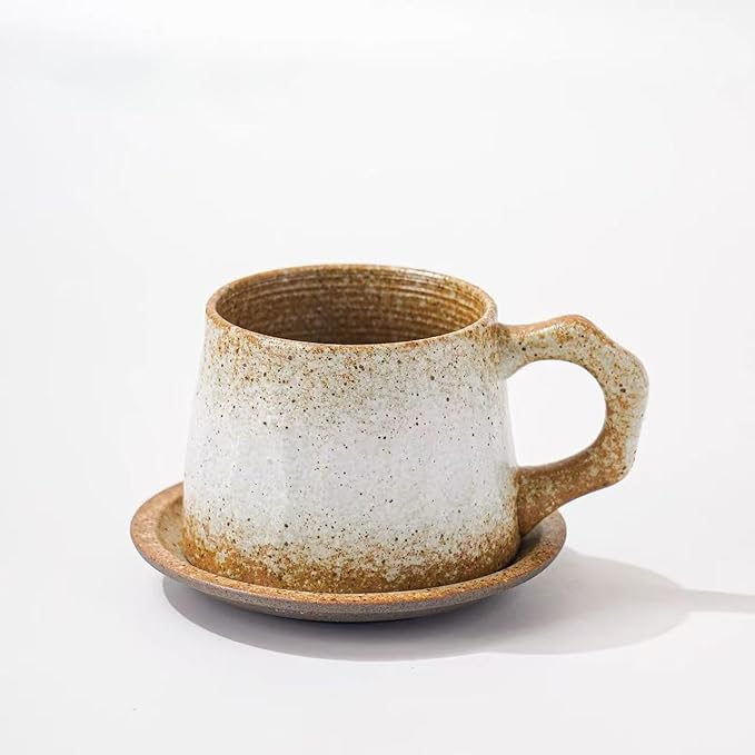 10oz Vintage Retro Handmade Ceramic Cappuccino Cup with Saucer –Small Rustic Stoneware tea cup and saucer, Lead-Free Latte Art Mug,Handmade mug with saucer set,Microwave safe (biege)