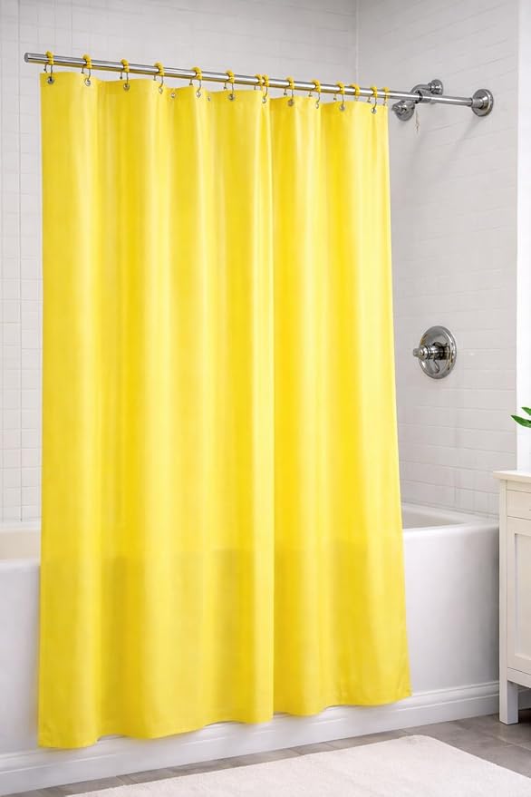 Dependable Industries inc. Essentials Decorative PEVA Shower Curtain Liner - PVC-Free, Odorless with Magnetized Bottom, Rustproof Grommets & Yellow Chrome Finish Roller Ball Hooks Set