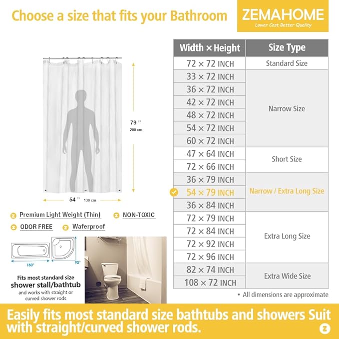 ZEMAHOME Extra Long Narrow Clear Plastic Shower Curtain Liner - Lightweight 54" x 79" Transparent Bathroom Shower Showroom Curtain Liner with Rustproof Metal Gromments and Weighted Magnet